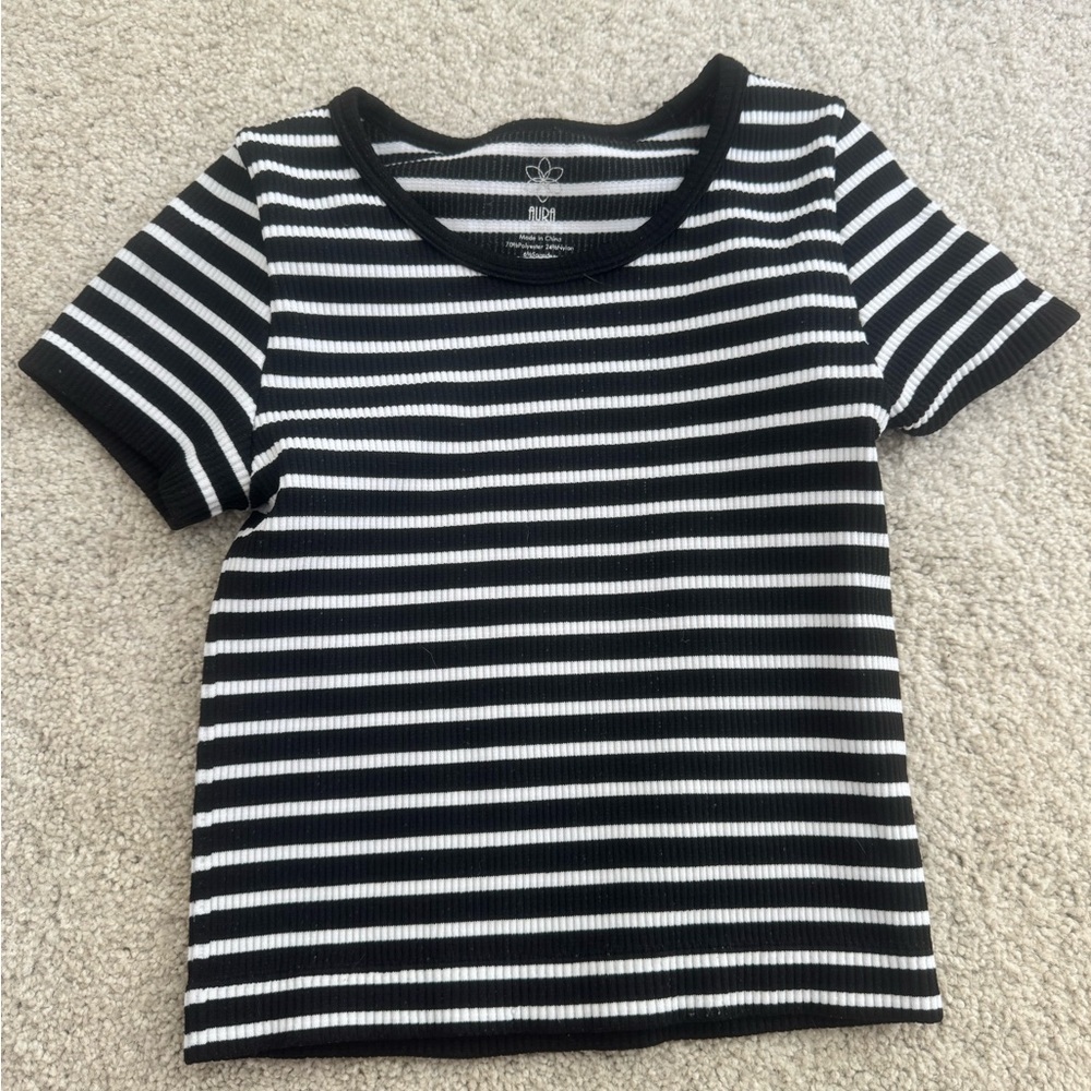 Aura Black and White Striped Short Sleeve Tee